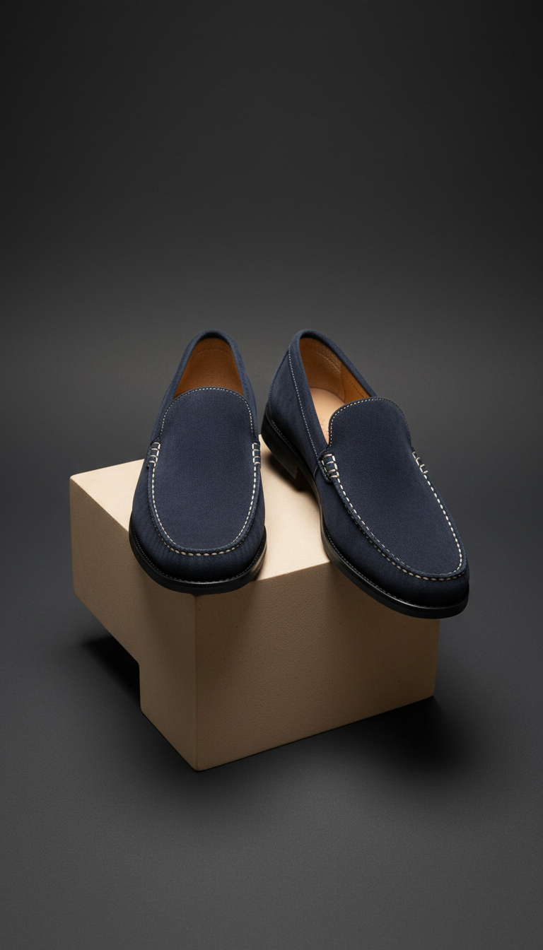 Handgenähte Loafer aus navyblauem Wildleder